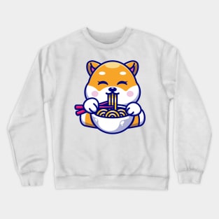 Cute shiba inu dog eating ramen with chopstick cartoon Crewneck Sweatshirt